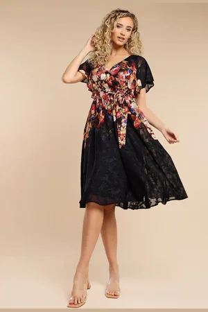 Goddiva Floral Flutter Sleeve Wrap Midi Dress