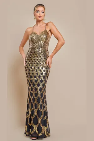 Goddiva Diamante Strap Fish Scale Sequin Maxi Dress