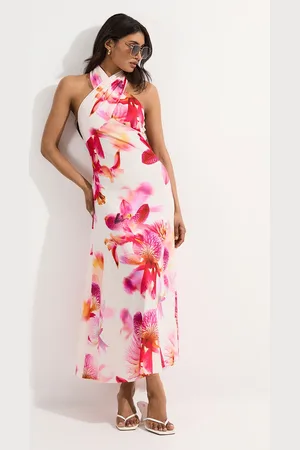 Karen Millen Abstract Floral Printed Jersey Crepe Twist Neckline Maxi Dress