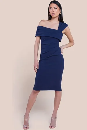Goddiva Scuba Crepe Pleated Drop Shoulder Midi Dress