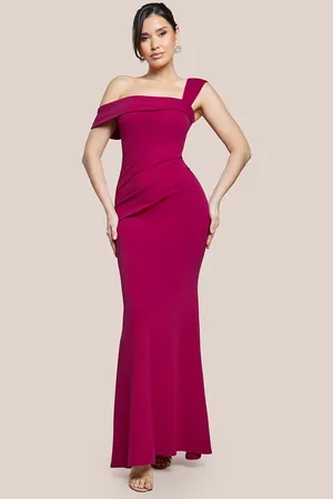 Goddiva Off The Shoulder Pleated Waist Maxi Dress