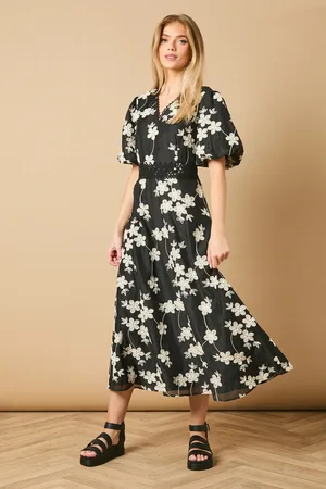 Oasis Lace Trim V Neck Puff Sleeve Midi Dress