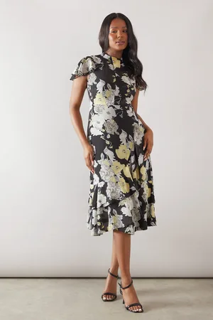wallis Printed Twist Neck Ruffle Midi Dress