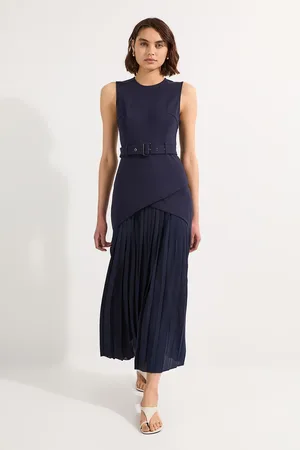 Karen Millen Petite Ponte And Georgette Jersey Pleated Maxi Dress
