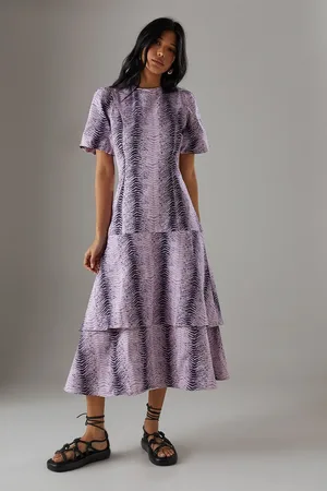 warehouse Animal Twill Puff Sleeve Ruffle Hem Midi Dress