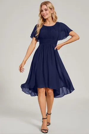 Ever Pretty Round Neck Flowy Midi Hight Low Wedding Guest Dresses