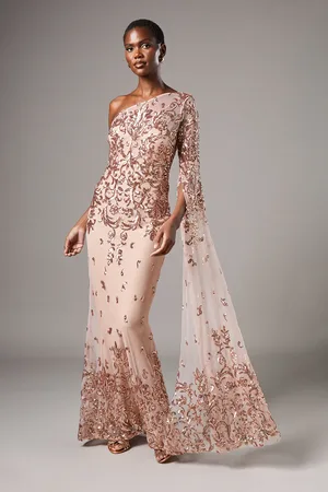 Coast One Shoulder Maxi Dress In Lace With Cape Sleeve