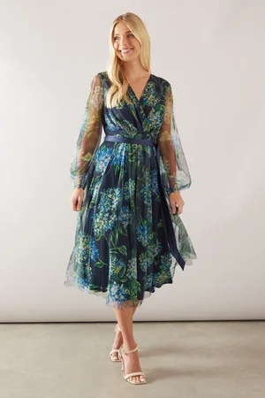 wallis Petite Floral Mesh Satin Tie Midi Dress