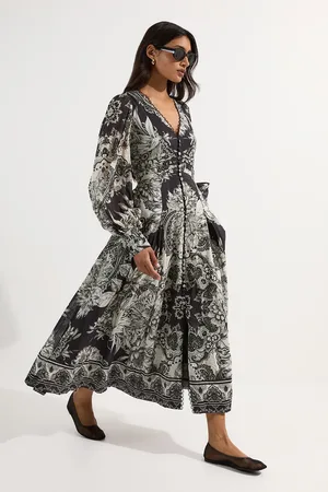 Karen Millen Tile Silk Cotton Plunge Woven Maxi Dress