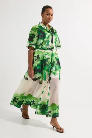 Karen Millen Plus Size Floral Organdie Woven Midi Shirt Dress