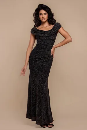 Goddiva Sparkle Lurex Cowl Neck Off The Shoulder Maxi Dress