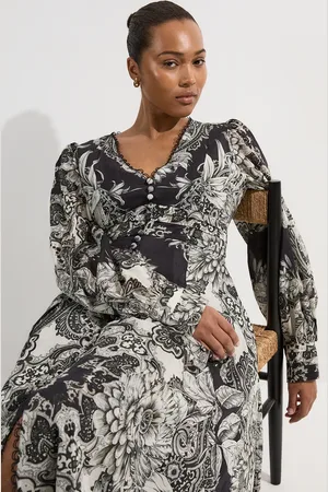 Karen Millen Plus Size Tile Silk Cotton Plunge Woven Maxi Dress
