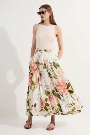 Karen Millen Floral Viscose Linen High Waisted Woven Maxi Skirt