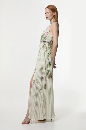 Karen Millen Petite Floral Halter Diamante Enamel Trim Woven Pleated Split Maxi Dress