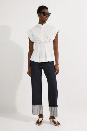 Karen Millen Stripe Denim Turn Up Straight Leg Jean