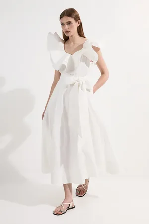 Karen Millen Cotton Poplin Structured Ruffle Tie Belt Woven Midi Dress