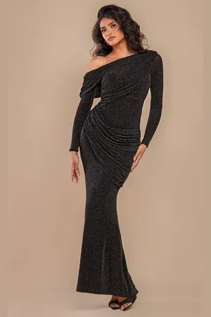 Goddiva Off The Shoulder Gathered Panel Sparkle Lurex Maxi Dress