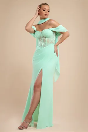 Goddiva Scalloped Lace & Chiffon Winged Corset Bodice Maxi Dress