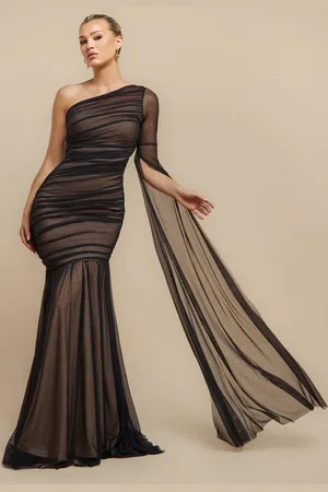 Goddiva Gathered One Sleeve Angel Wing Mermaid Maxi Dress