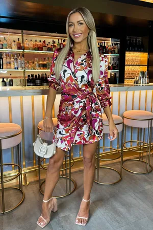 Ax Paris Printed 3/4 Sleeves Waist Side Tie Mini Dress