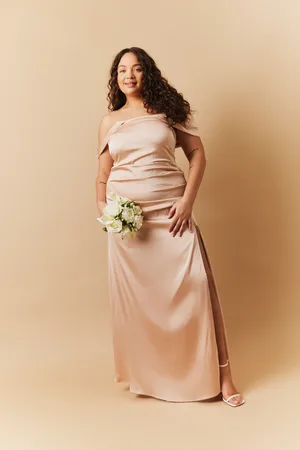In The Style Satin Bardot Ruched Maxi Dress