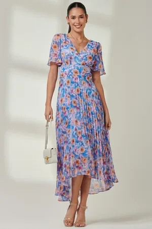 Jolie Moi Floral Pleated Chiffon Dip Hem Dress