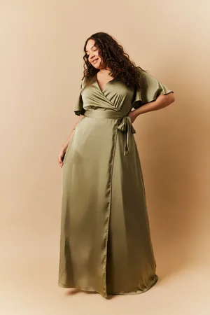 In The Style Satin Wrap Tie Angel Sleeve Maxi Dress