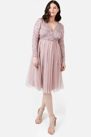 Maya Deluxe Faux Wrap Embellished Long Sleeve Midi Dress