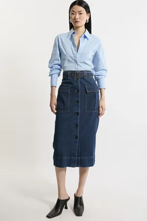 Karen Millen Denim Cargo Pocket Belted Midi Skirt