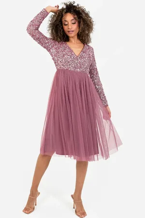 Maya Deluxe Faux Wrap Embellished Long Sleeve Midi Dress