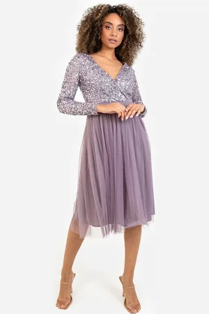 Maya Deluxe Faux Wrap Embellished Long Sleeve Midi Dress