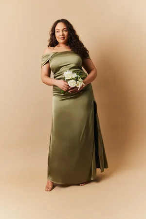 In The Style Satin Bardot Ruched Maxi Dress