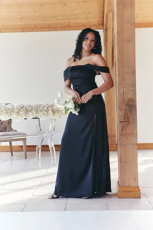 In The Style Satin Bardot Ruched Maxi Dress
