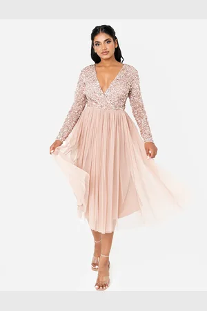 Maya Deluxe Faux Wrap Embellished Long Sleeve Midi Dress