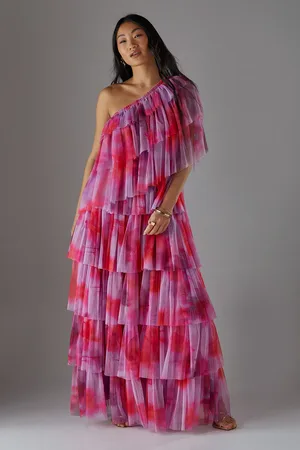 warehouse Petite Tulle Asymmetric Tier One Shoulder Midi Dress