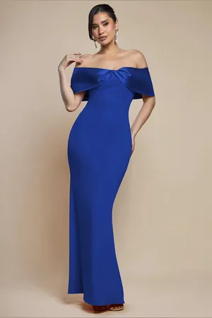 Goddiva Twist Knot Satin & Scuba Bardot Maxi Dress