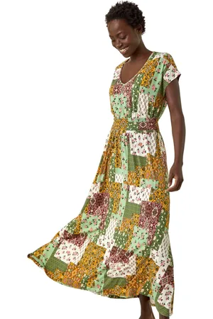 Roman Stretch Patchwork Shirred Maxi Dress