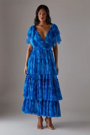 warehouse Tulle Floral Plunge Neck Flutter Sleeve Tier Maxi Dress