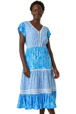 Roman Floral Contrast Stitch Midi Dress