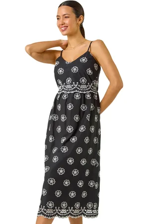 Roman Embroidered Strap Midi Sun Dress