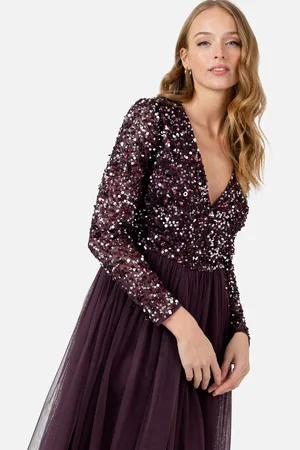 Maya Deluxe Faux Wrap Embellished Long Sleeve Midi Dress