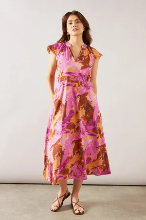 wallis Tropical V Neck Frill Sleeve Midi Dress