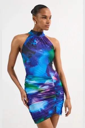 Karen Millen Petite Printed Mesh Jersey Halter Neck Mini Dress