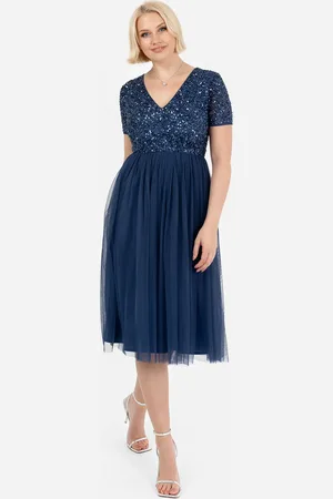 Maya Deluxe Short Sleeve V Neck Embellished Midi Dress