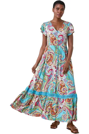 Roman Paisley Print Shirred Waist Maxi Dress