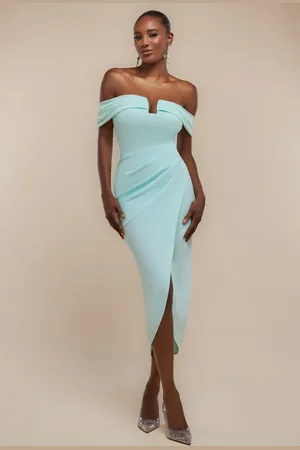 Goddiva Off The Shoulder Chiffon Wing Scuba Crepe Midi Dress