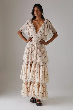 warehouse Tulle Spot Plunge Neck Flutter Sleeve Tier Maxi Dress