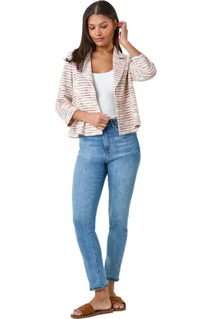 Roman Stripe Textured 3/4 Sleeve Cotton Blend Jacket