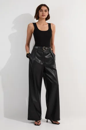 Karen Millen Petite Faux Leather High Waisted Wide Leg Trousers