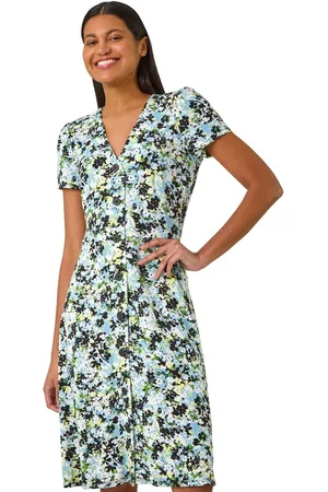 Roman Floral Print Button Through Stretch Dress